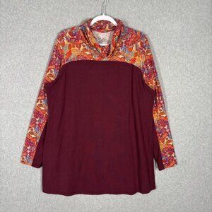 Sahalie Top 1X Burgundy Paisley Cowl Tunic Cotton Modal Artsy Lagenlook Lounge